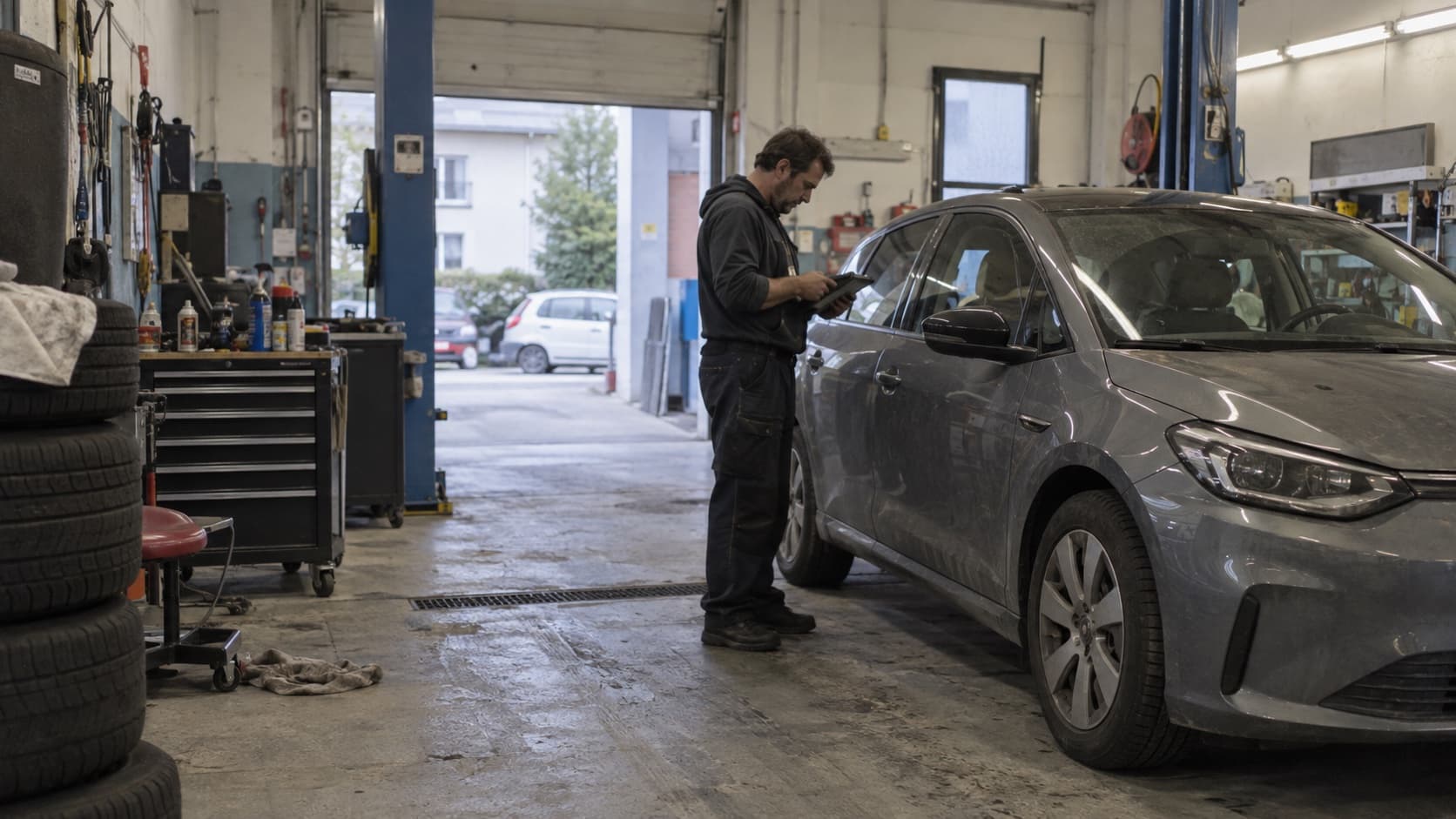 Symbolbild: Fachperson prüft ein Elektroauto in einer Schweizer Werkstatt