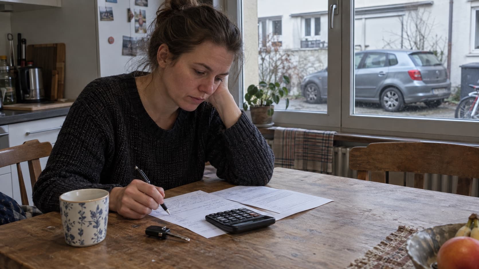 Symbolbild: Autokäuferin prüft Kostenunterlagen und Fahrzeugschlüssel am Küchentisch